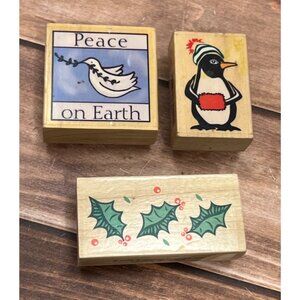 LOT OF 3 SUGARLOAF WOOD RUBBER STAMPS HOLIDAY THEMED PENGUIN PEACE HOLLY BERRY